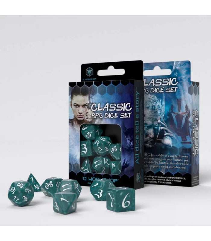 DICE - VERDE DADOS DE ROL CLÁSICO EN VERDE STORMY & BLANCO (7 UNIDADES)